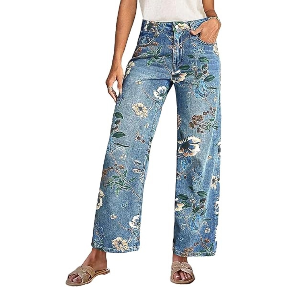 Flamingals Floral Patterned Blue Women's Cropped Jeans Large NWT